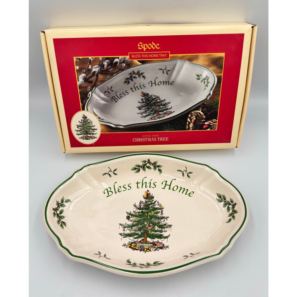 SPODE Serving Tray Oval Dish Christmas Tree Bless this Home Holly  11" X 7" NIB